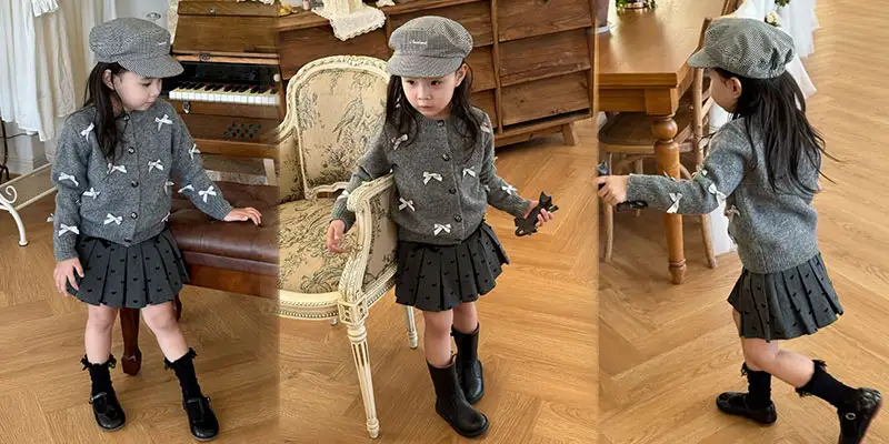 MIU MIU缪缪女童千金风套装｜春秋奢侈品童装 蝴蝶结针织开衫+毛呢半裙两件套