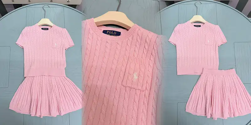 拉夫劳伦女童粉色绞花针织套装