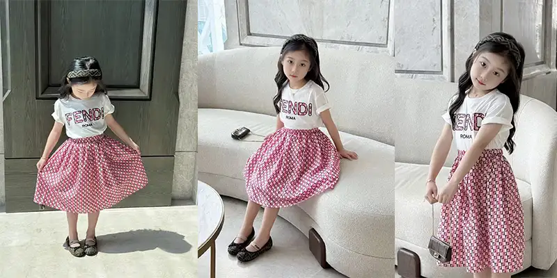 FENDI芬迪女童FF提花刺绣T恤+半裙两件套｜80-160码夏季清新轻奢风套装