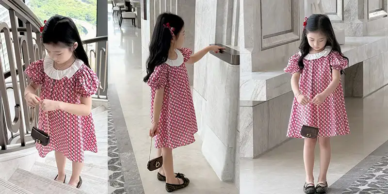 FENDI女童FF满印娃娃领泡泡袖连衣裙