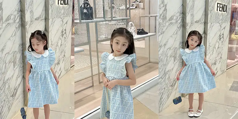 FENDI芬迪女童FF提花娃娃领无袖连衣裙｜90-160码夏季清新学院风A字裙