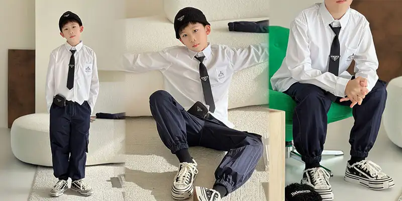 普拉达儿童可拆卸领带纯棉衬衫