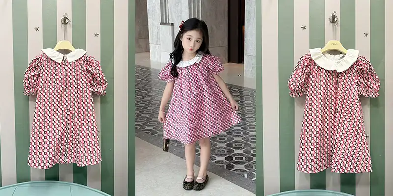 芬迪女童FF满印娃娃领泡泡袖连衣裙