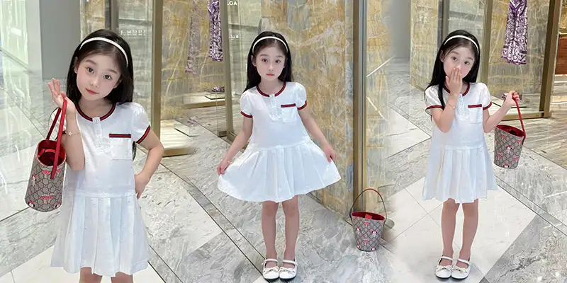 GUCCI儿童GG提花彩点短袖百褶连衣裙