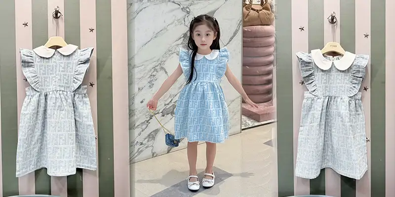 芬迪女童FF提花娃娃领无袖连衣裙