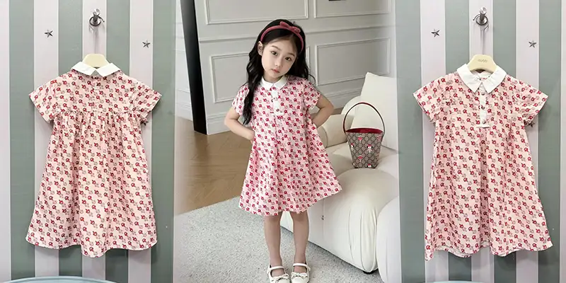 古驰儿童马衔扣满印娃娃领连衣裙